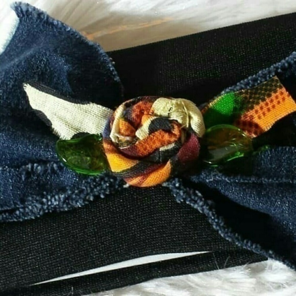 Tasty Raw Edge Denim Kente Rose Bow Headband - Picture 2 of 3
